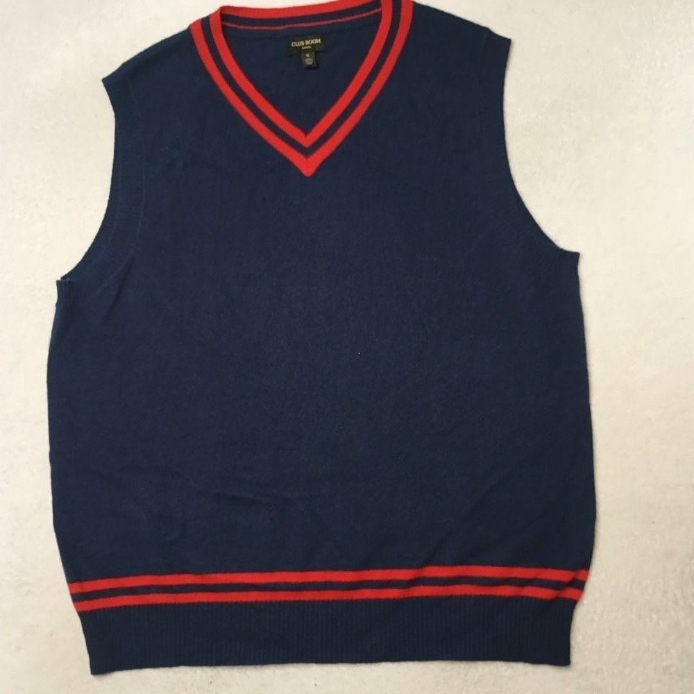 Club Room Sweater Vest Mens XL Blue V-Neck 100% Cashmere Lightweight Striped